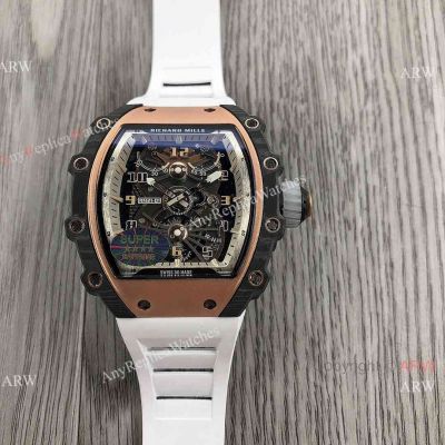 Super Clone Richard Mille RM21-01 Aerodyne Men watch Rose Gold & Carbon TPT Limited White Rubber Strap